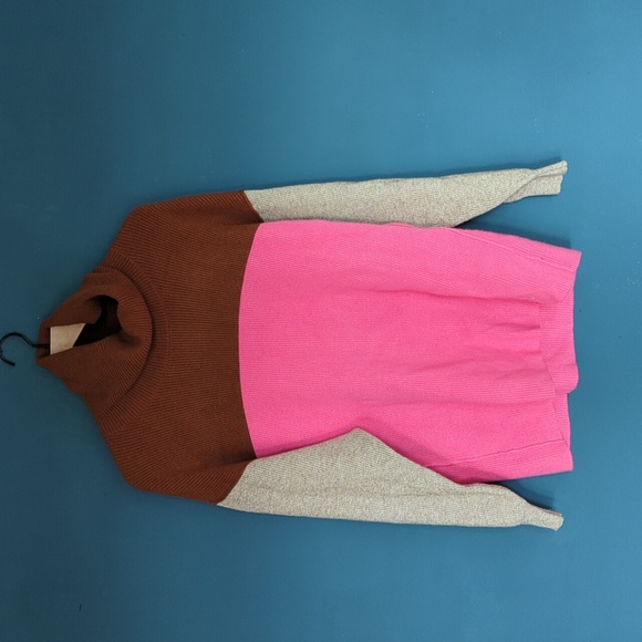 FREE PEOPLE Softly Structured Tunic Sweater Candy Pop Colorblock Pink Brown XS - Picture 3 of 6